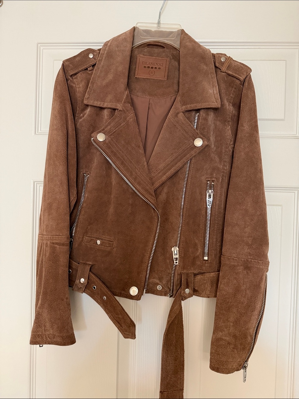 Blank NYC Brown Suede Moto Jacket with Belted Waist
